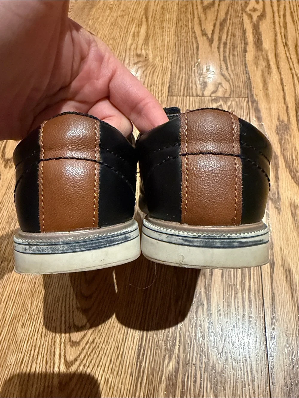 Boys Black Leather Laced Slip On Dress Shoes with Tan Accent size 1M